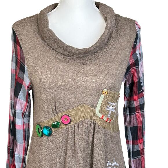 Forla Paris Dress Size Medium Patchwork Embroidered Bubble Hem Cotton Boho Knit - Picture 2 of 13